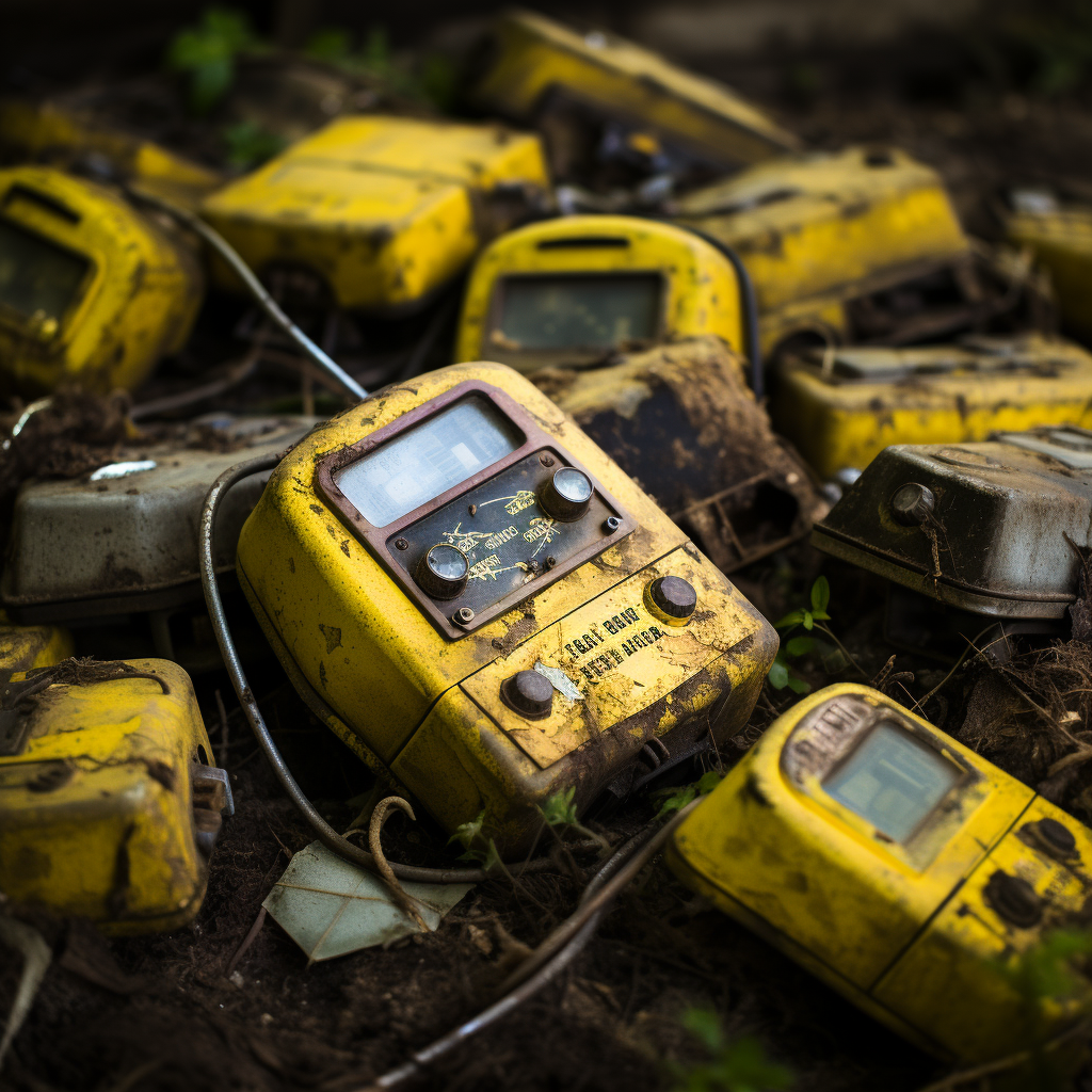 Antique yellow geiger counters resting on old concrete