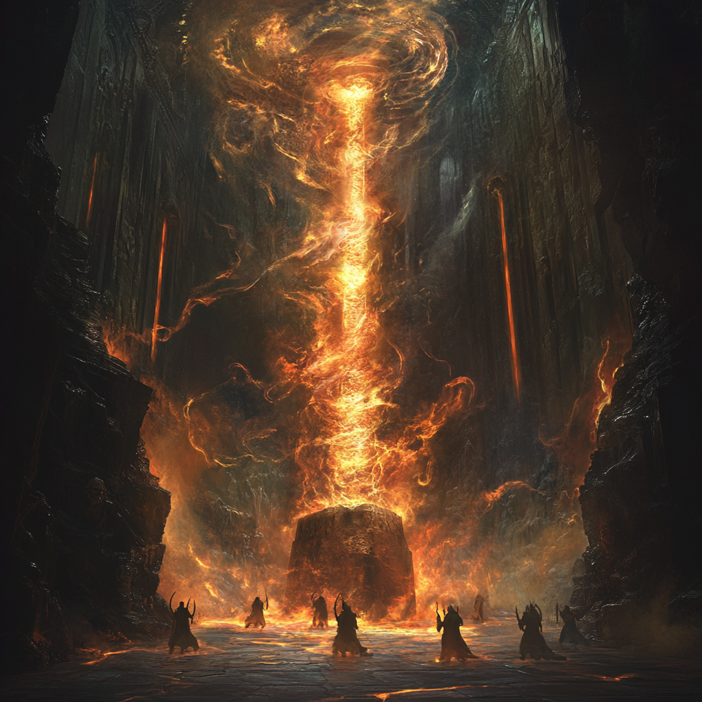 Cavernous chamber with fiery aura