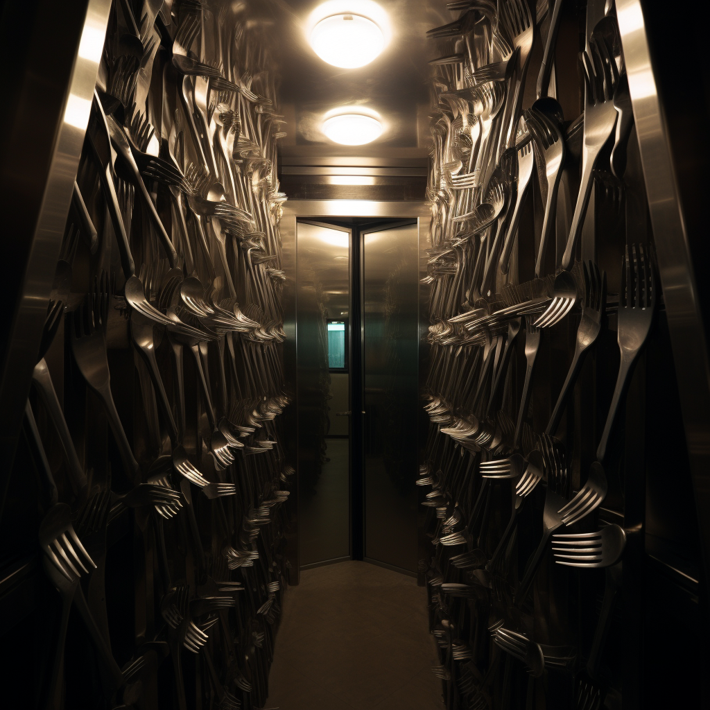 People-sized dinner forks in apartment elevator