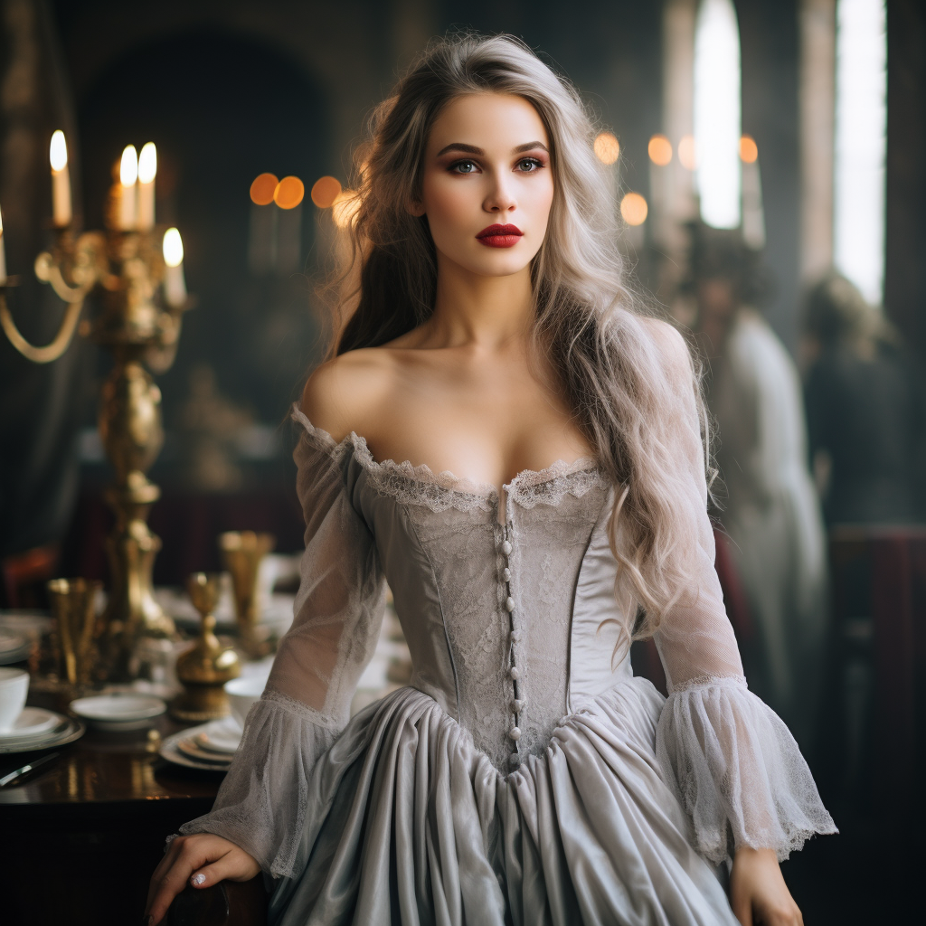 Renaissance Aristocratic Woman in Gray Tulle Dress