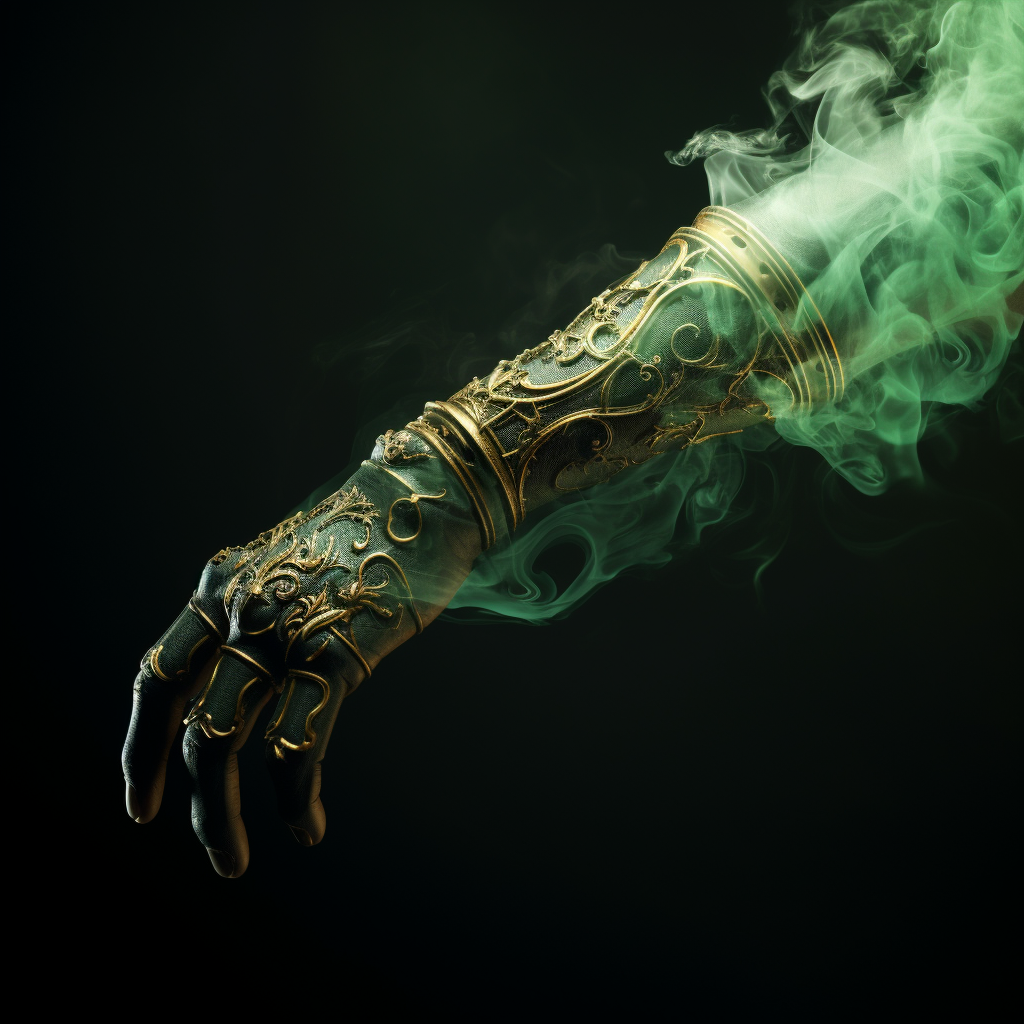 Dark smoke arm prosthetic in medieval fantasy style