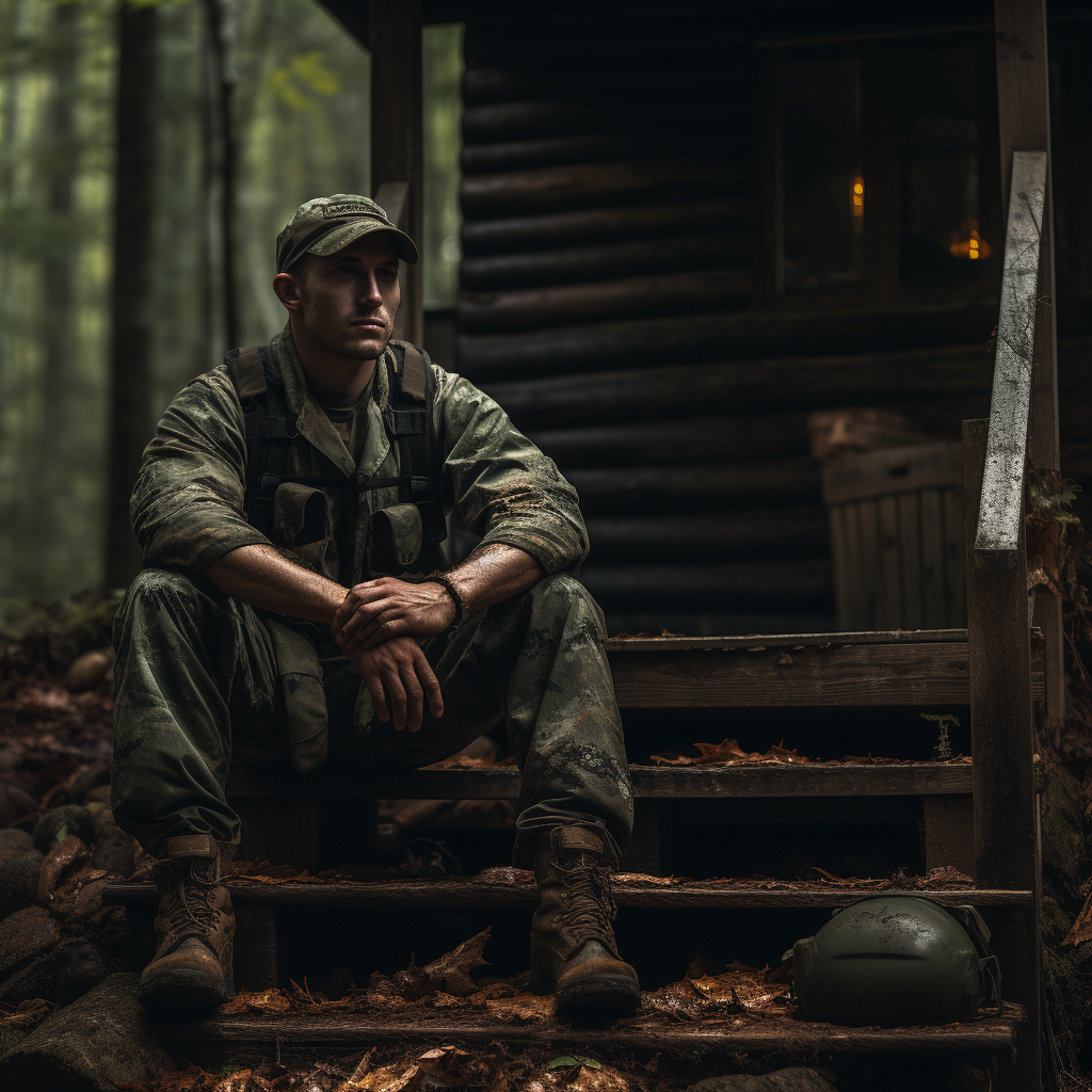 Soldier Relaxing on Cabin Stoop