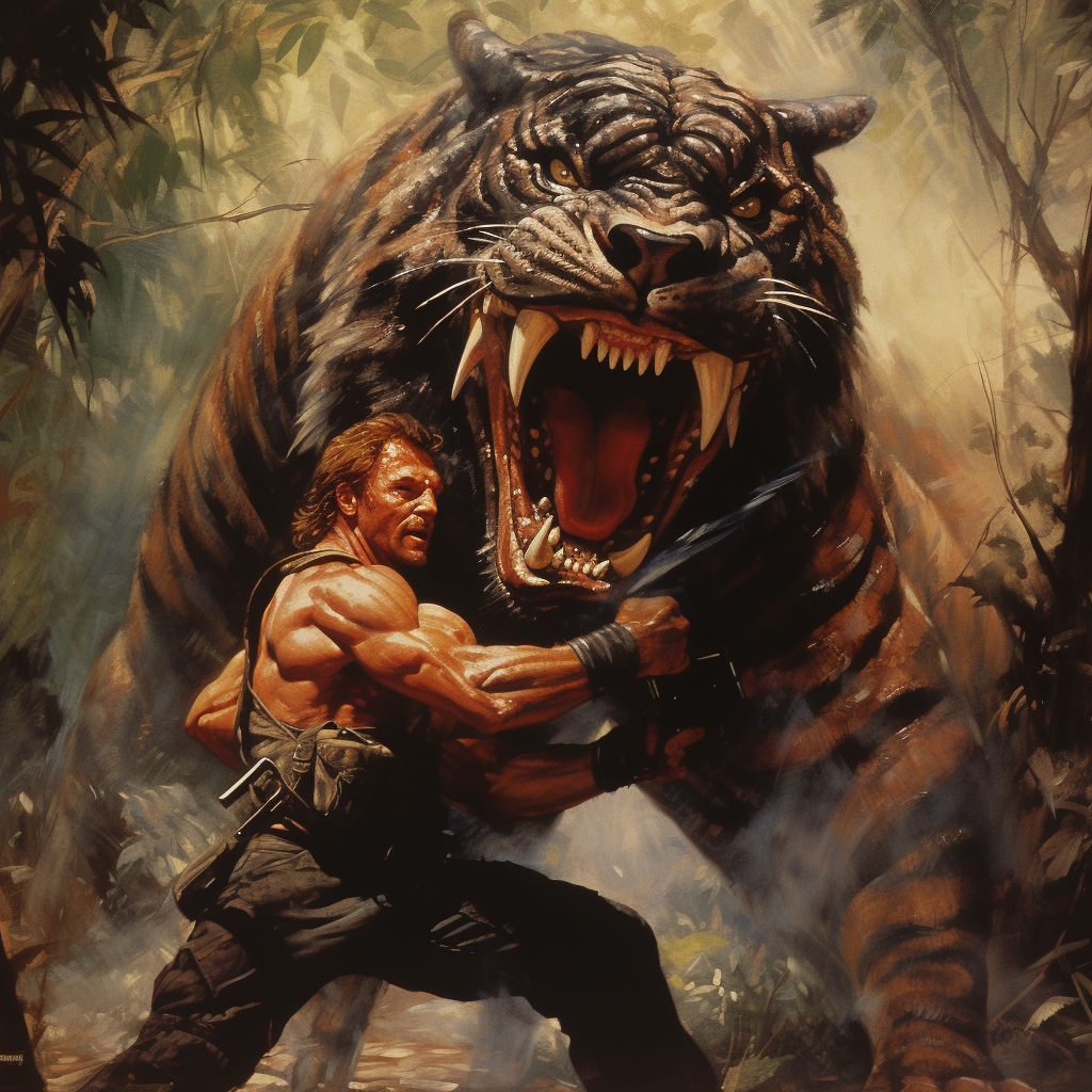 Arnold Schwarzenegger battling fierce jungle tiger