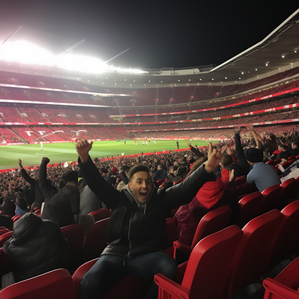 Excited Arsenal fans cheering at stadium