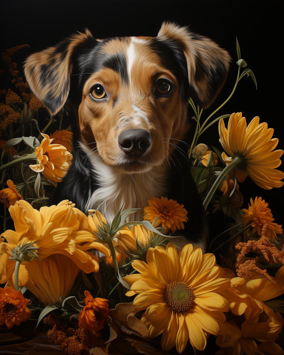 Art Deco puppy with yellow flowers