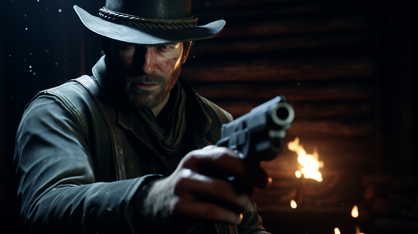 Arthur Morgan pointing revolver, dark lighting