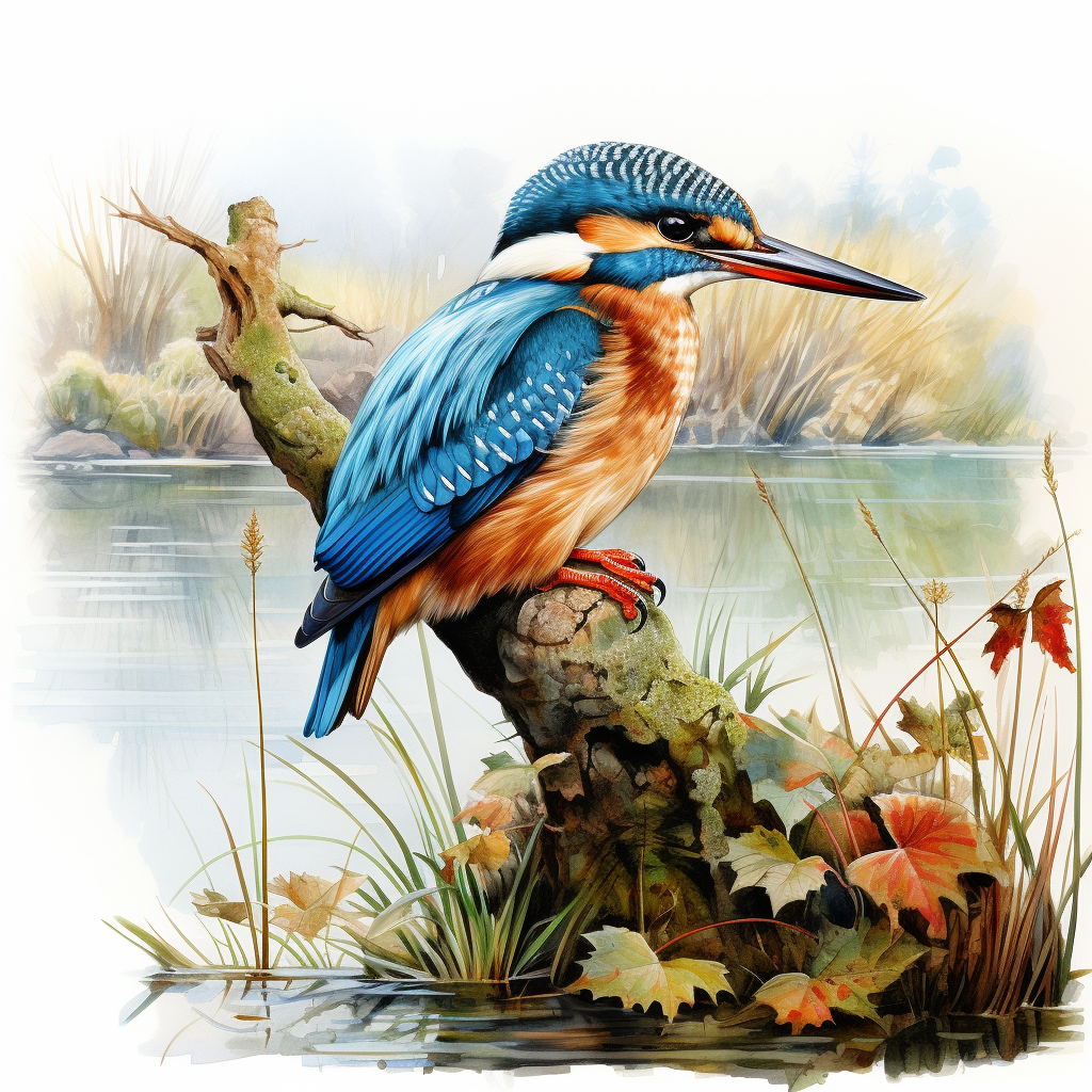 Detailed watercolour kingfisher in British countryside