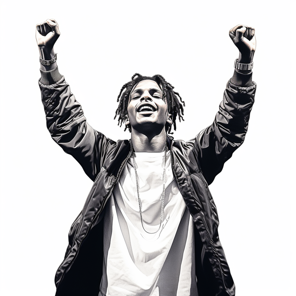 ASAP Rocky raising arms on white background