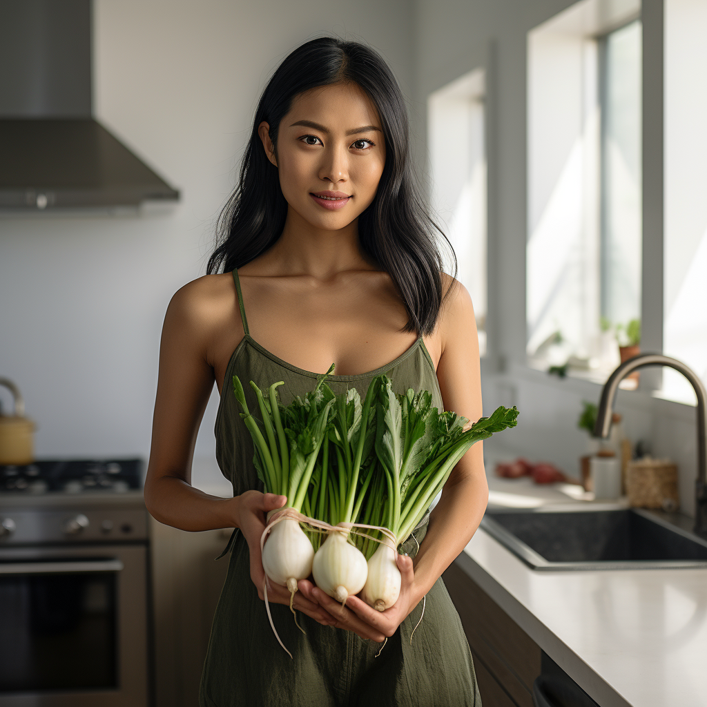 Asian food influencer holding spring onions