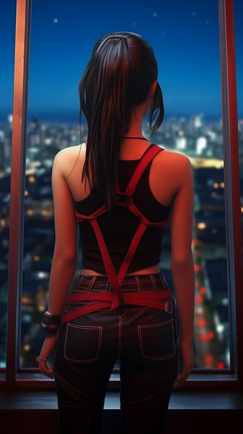 Asian girl staring at night city view