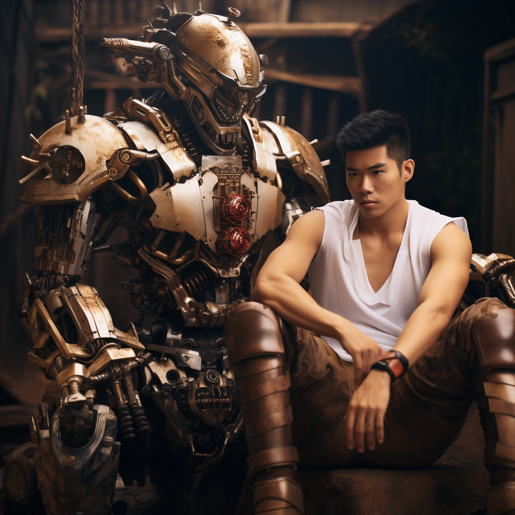 Asian guy futuristic armor sitting big robot