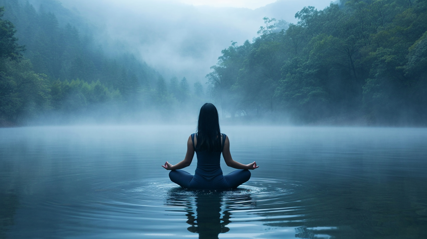 Asian lady meditating by misty lake