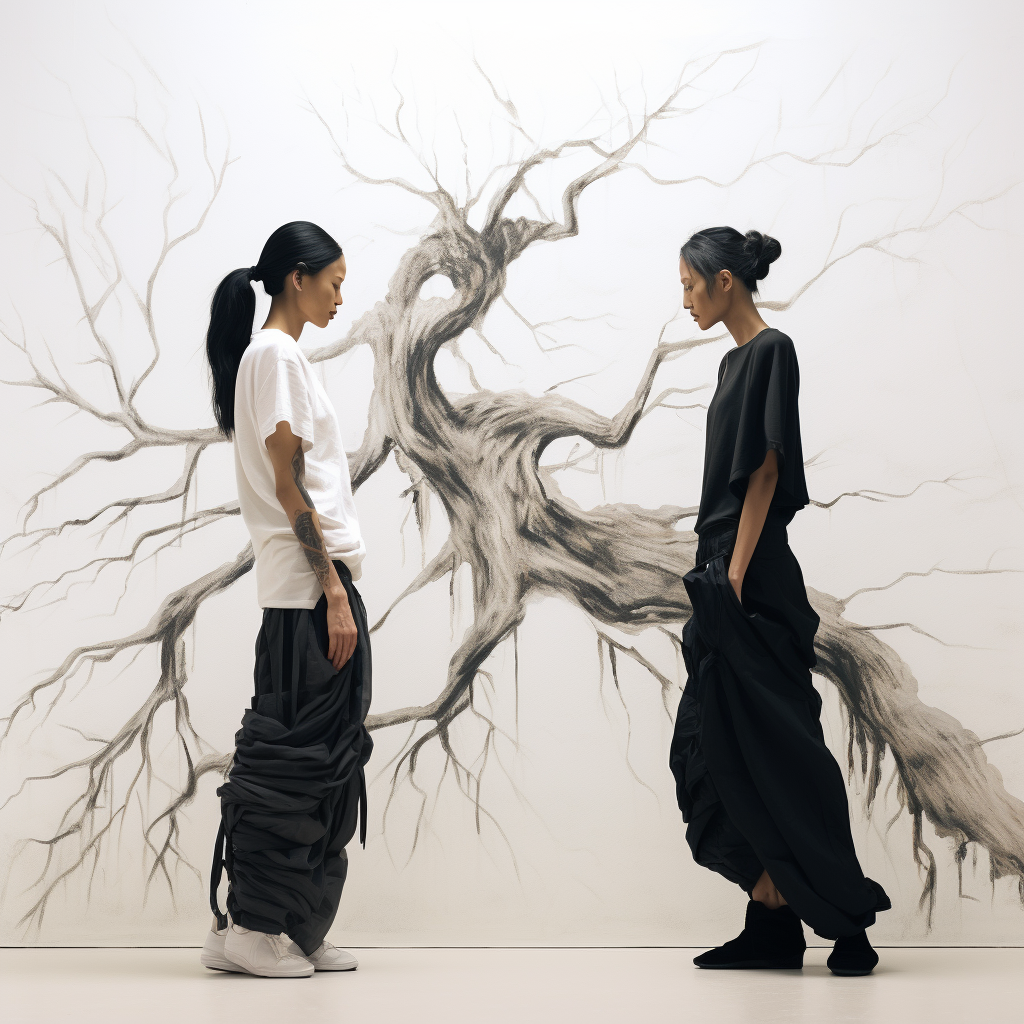 Two Asian supermodels in Rick Owens clothes posing in a white studio