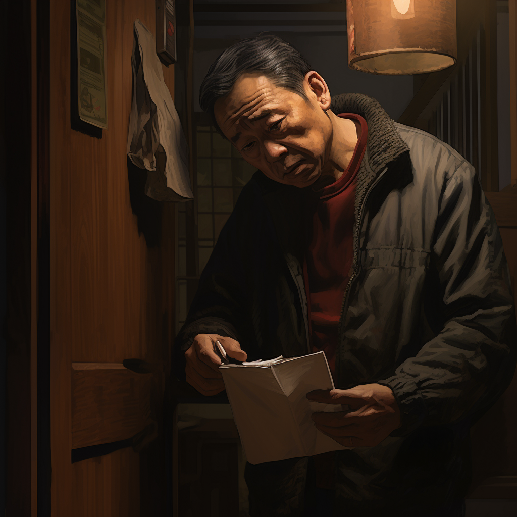 Tearful Asian Uncle in Mailbox at Night