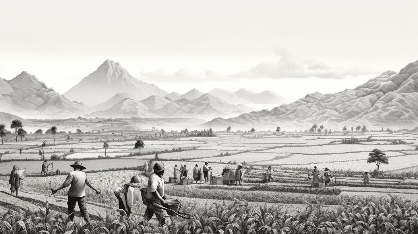 Asian volunteers and African farming scene