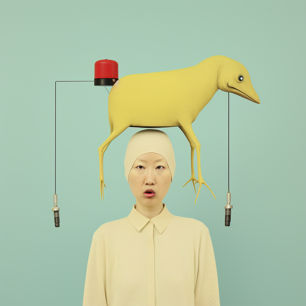 Minimalistic surreal artwork of an Asian woman in a brain drain system