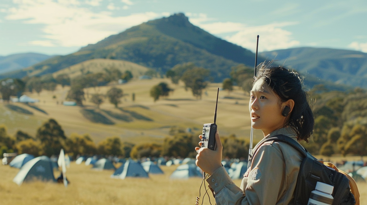 Asian woman with walkie talkie mountain