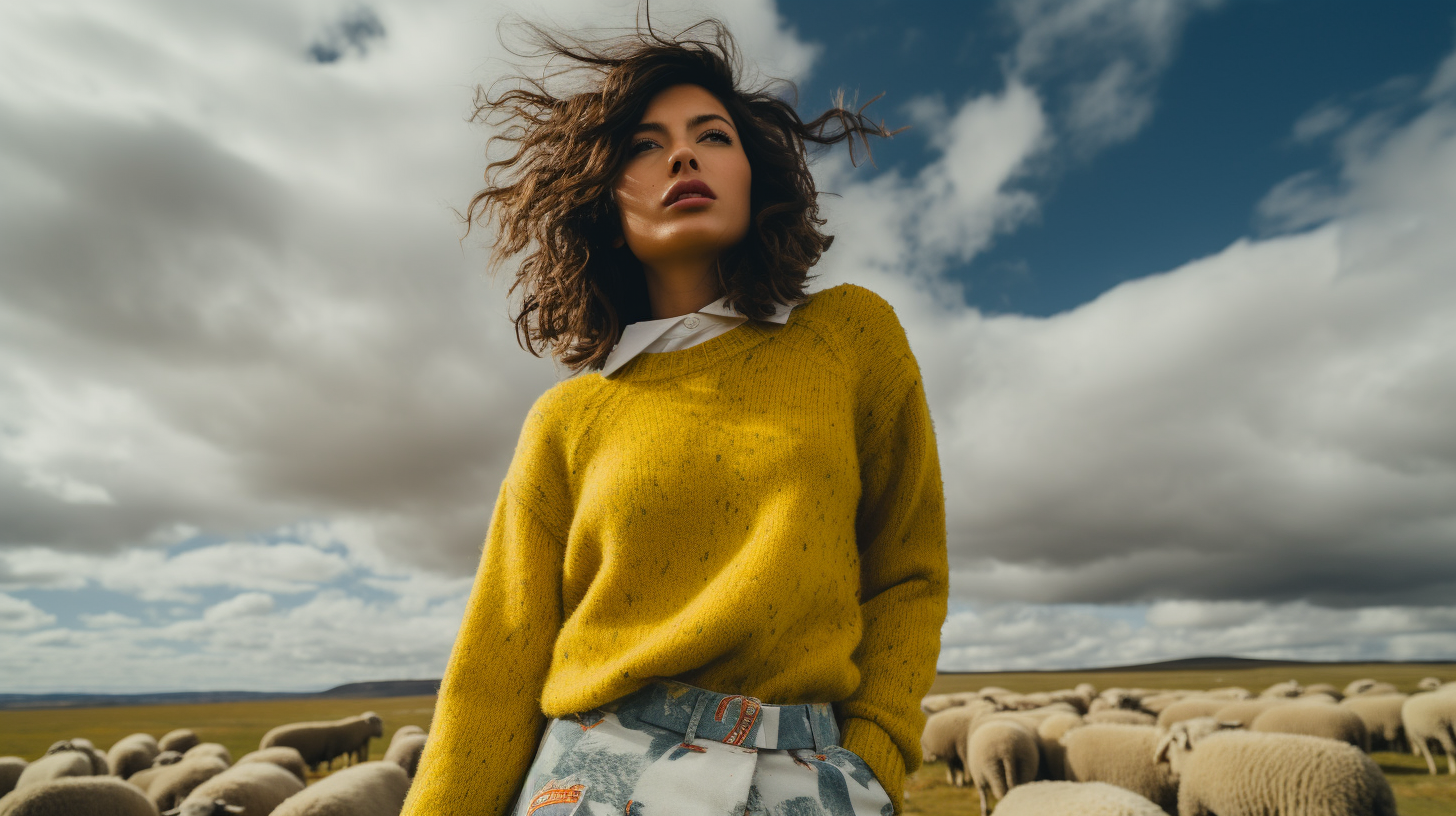 Asian woman in stylish wool sweater and yellow skirt