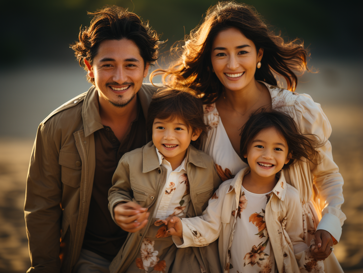 Happy Asian Family Enjoying Sunset in Bali