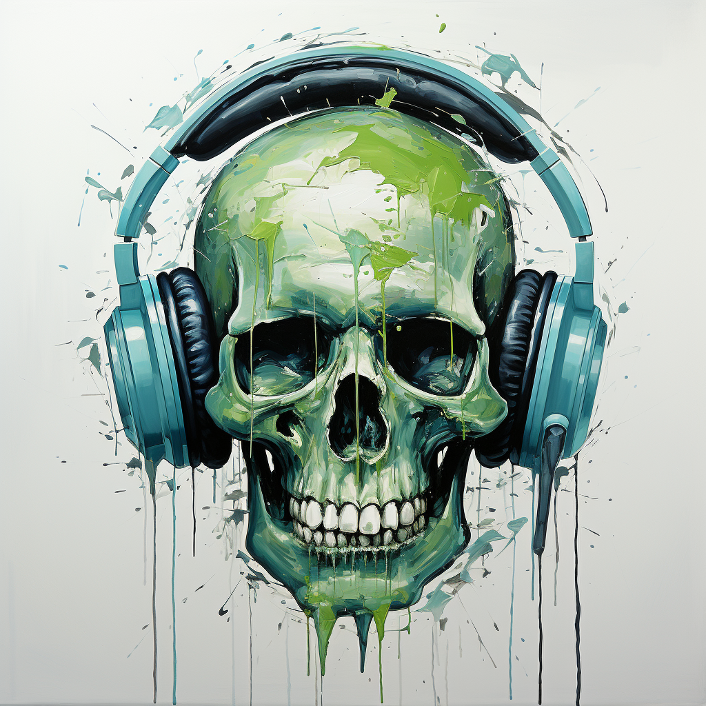 Vibrant neo-expressionist skull art with headphones