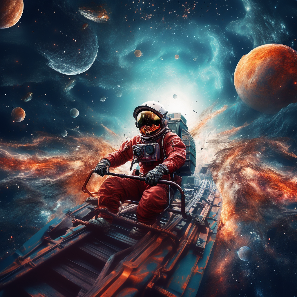 astronaut sailing through cosmos on space boat