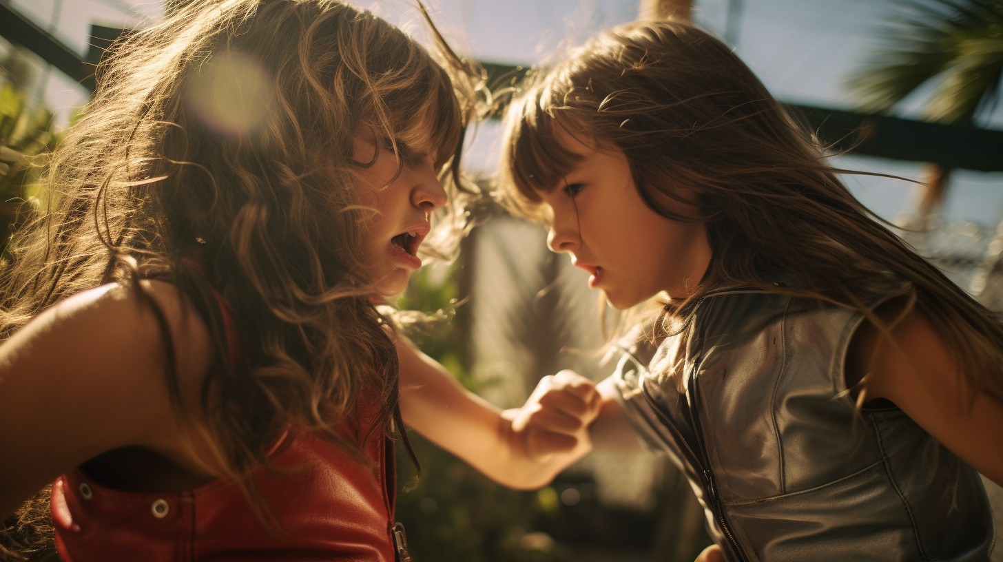 Athletic sisters fighting in backyard