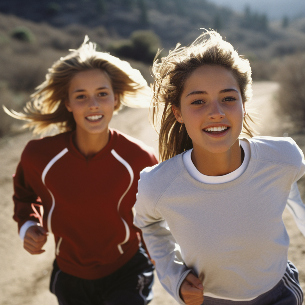 Teenage girls running in fashionable athletic wear