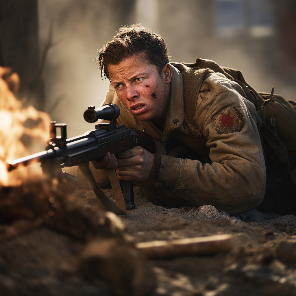 Audie Murphy shooting a machine gun in battle