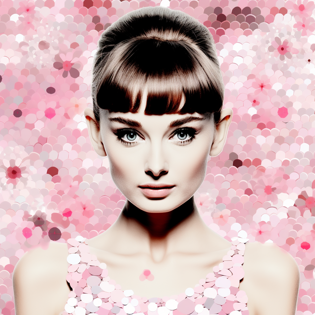 Audrey Hepburn in elegant pink and white mosaic