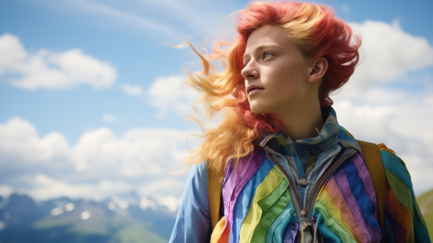 Boy on Austrian mountain with rainbow hair