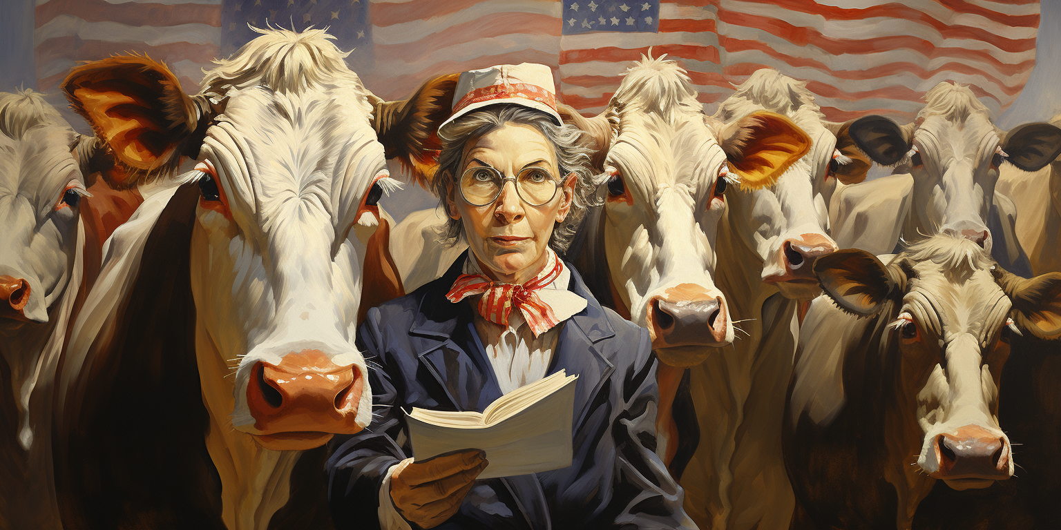 Authoritarian nanny holding flags on farm