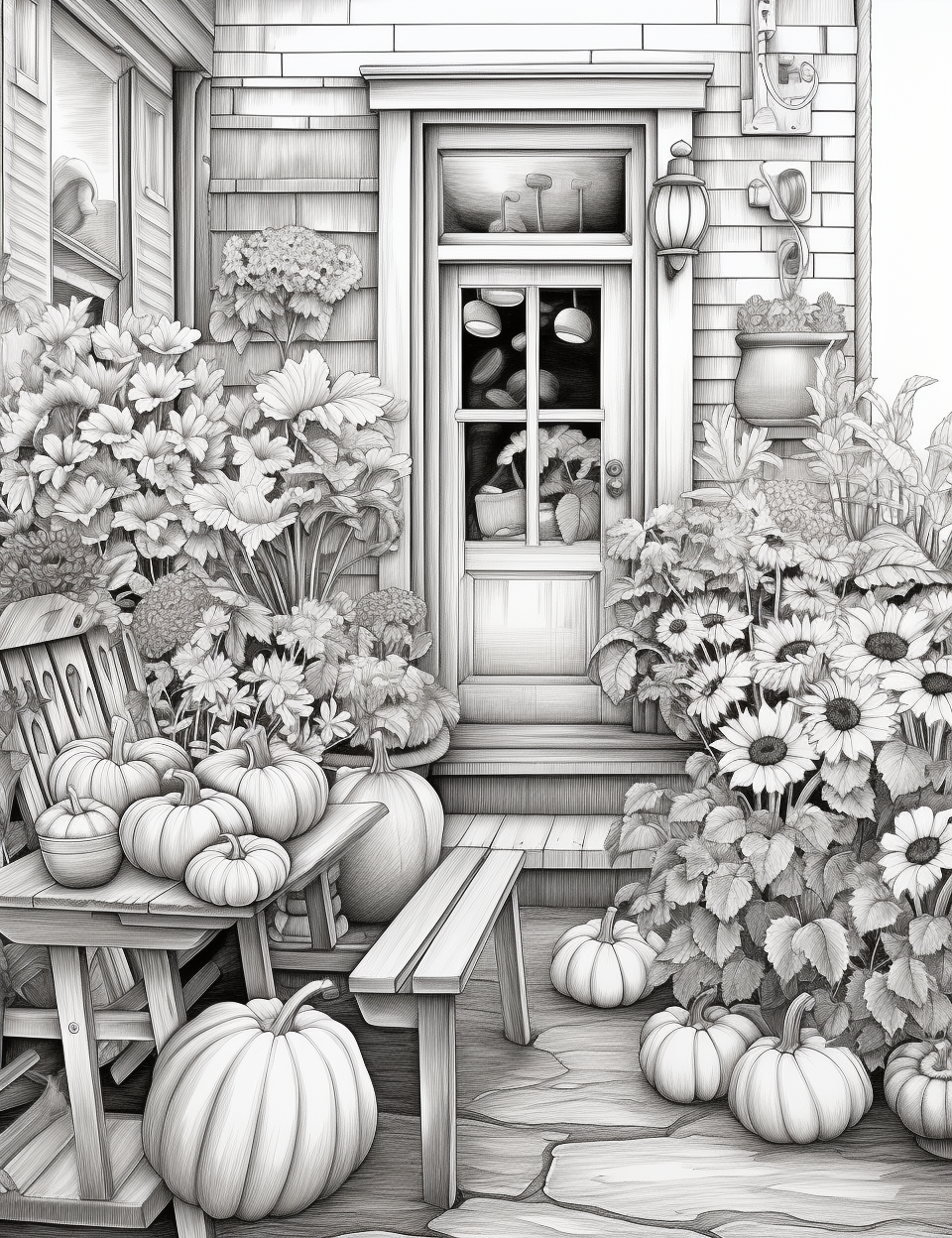 Autumn cafe with pumpkins, mums, sunflowers