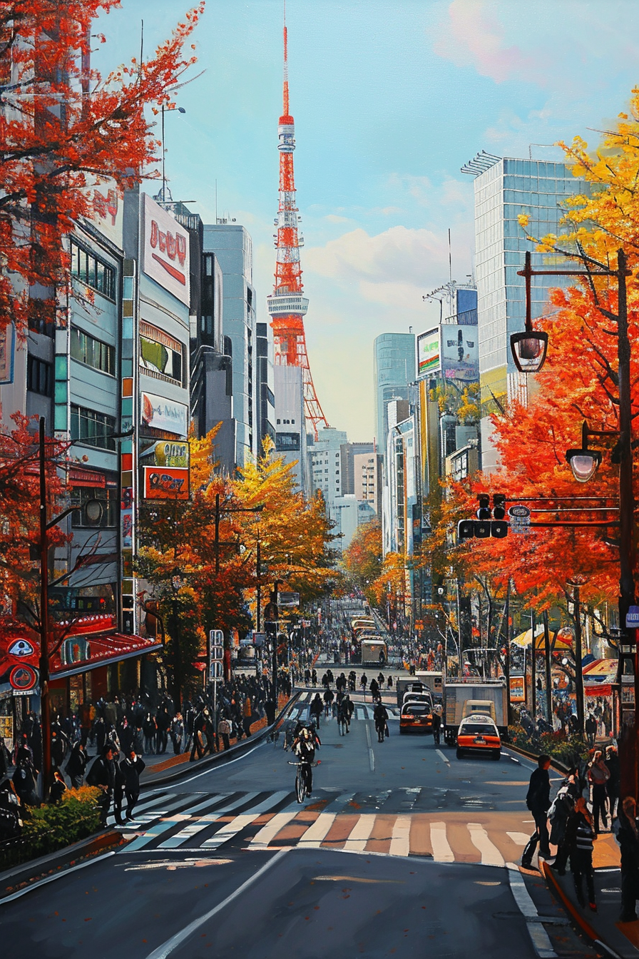 Colorful Tokyo street scene in autumn