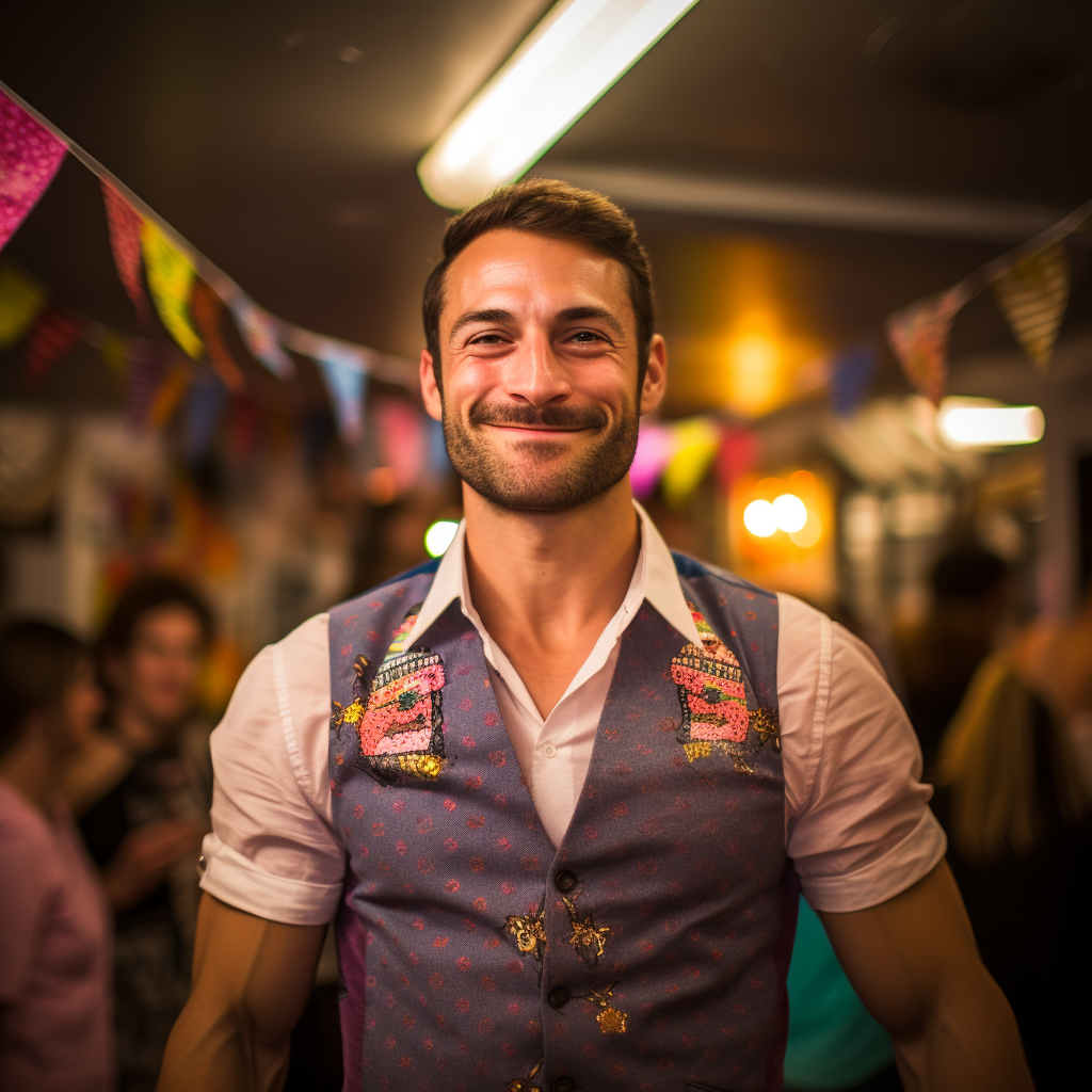 Man in Vest in Awkward Birthday Party Moment