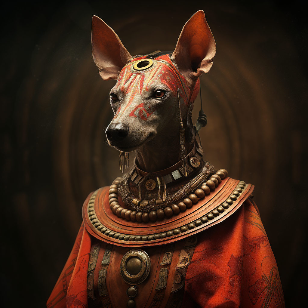 Orange-clad Aztec Goddess with Xoloitzcuintle