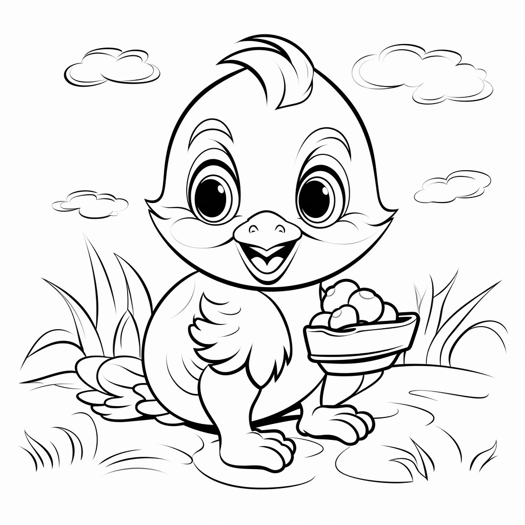 Cute baby chicken eating from coloring book