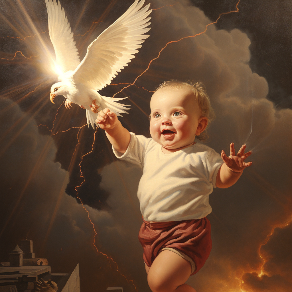 Cute Baby on Dove Throwing Lightning Bolt