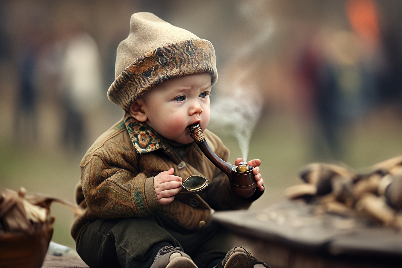 Adorable baby participating in pipe smoking contest