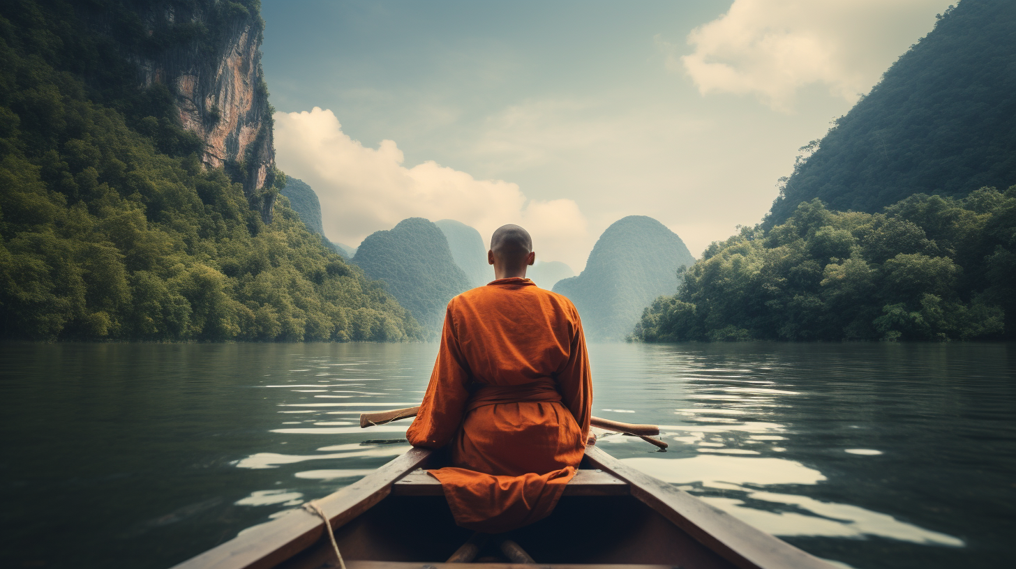 monk meditating on rowboat lake