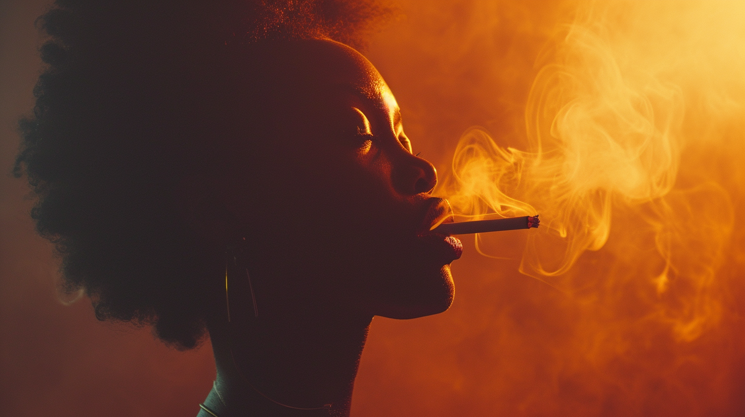 African woman blowing cigarette smoke