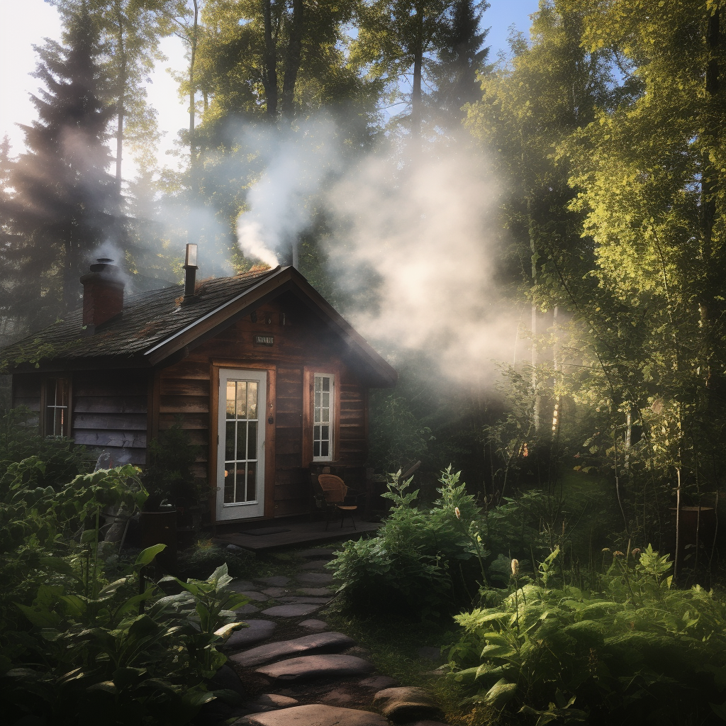 Sauna cottage with smoke in backyard