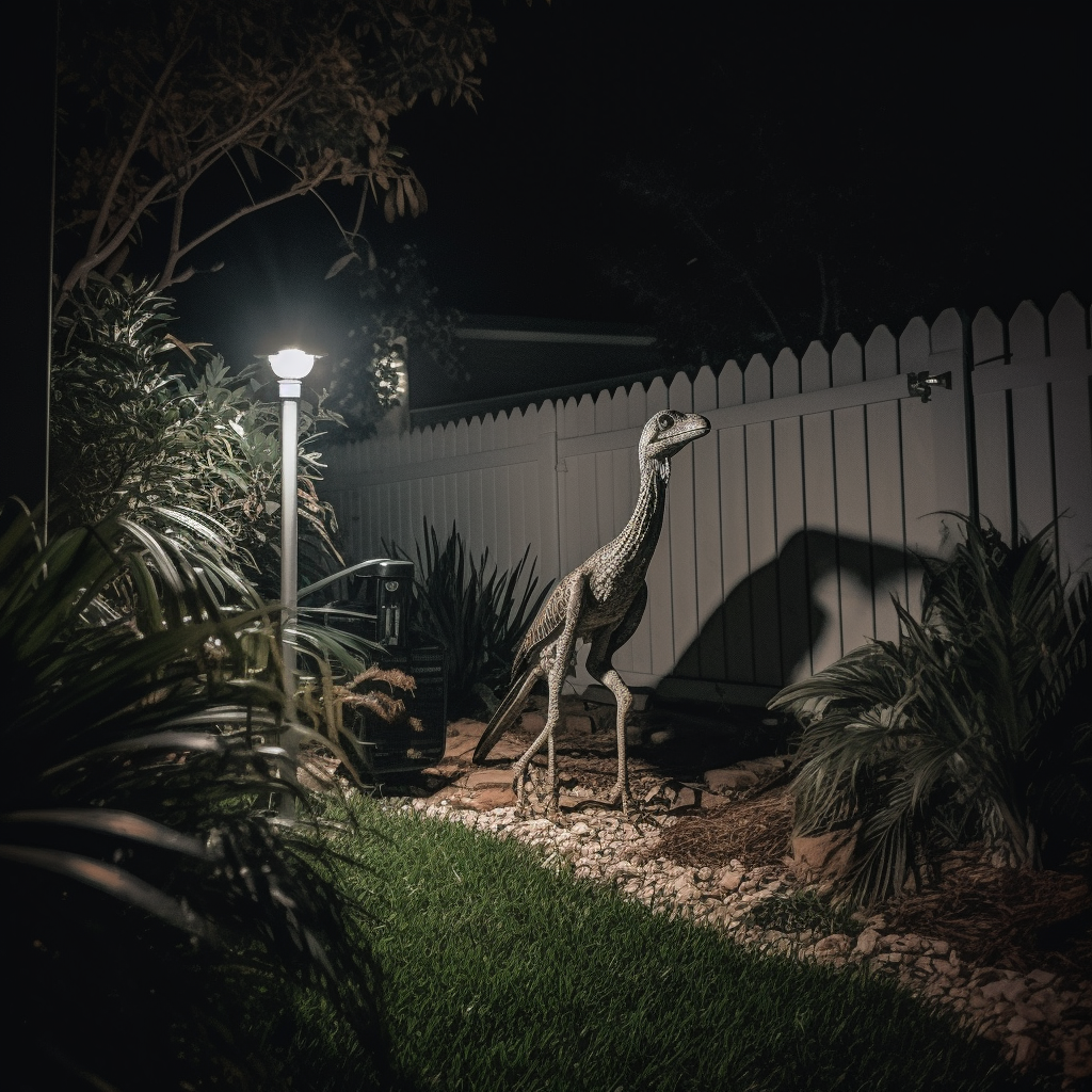 Velociraptor in backyard at night