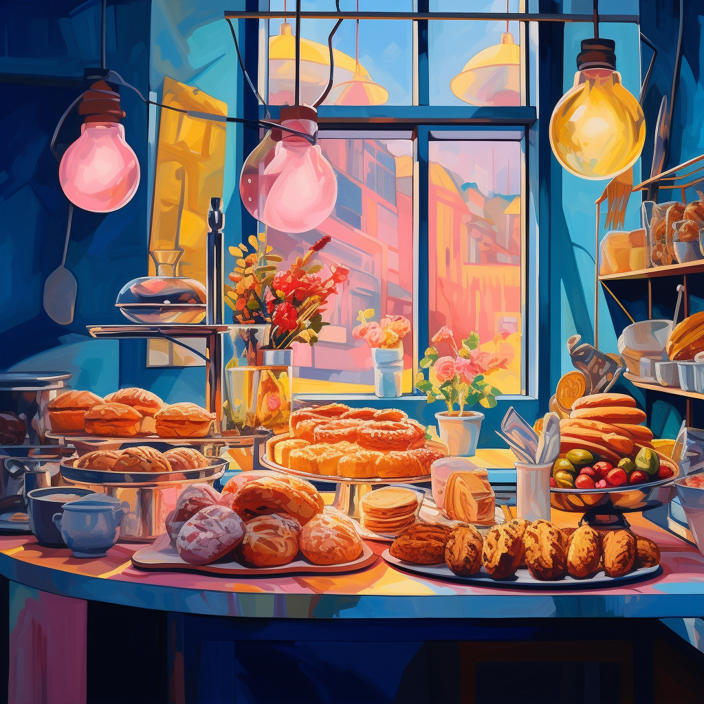 Colorful bakery kitchen with romantic lamp, bread, and cake