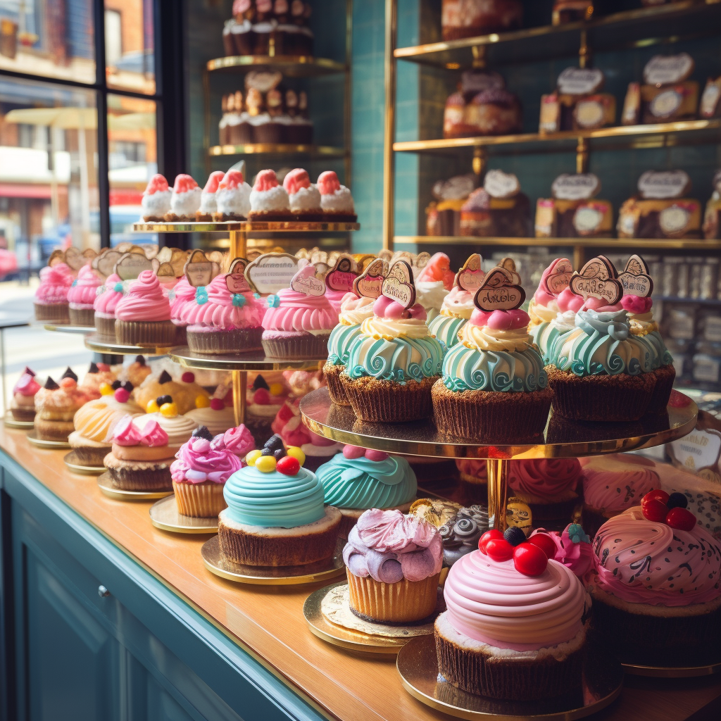 Colorful cakes at bakery shop