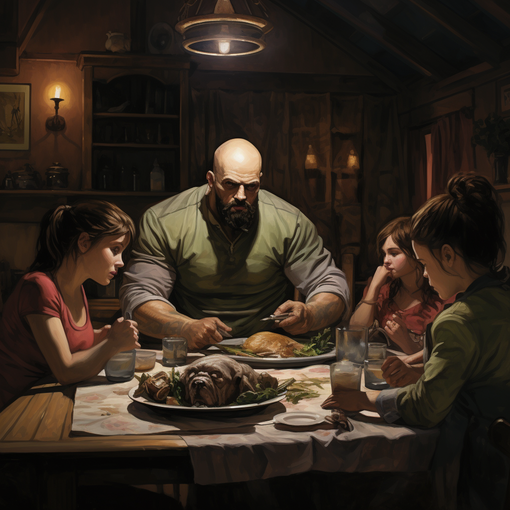 Bald Man Eating Dinner with Family