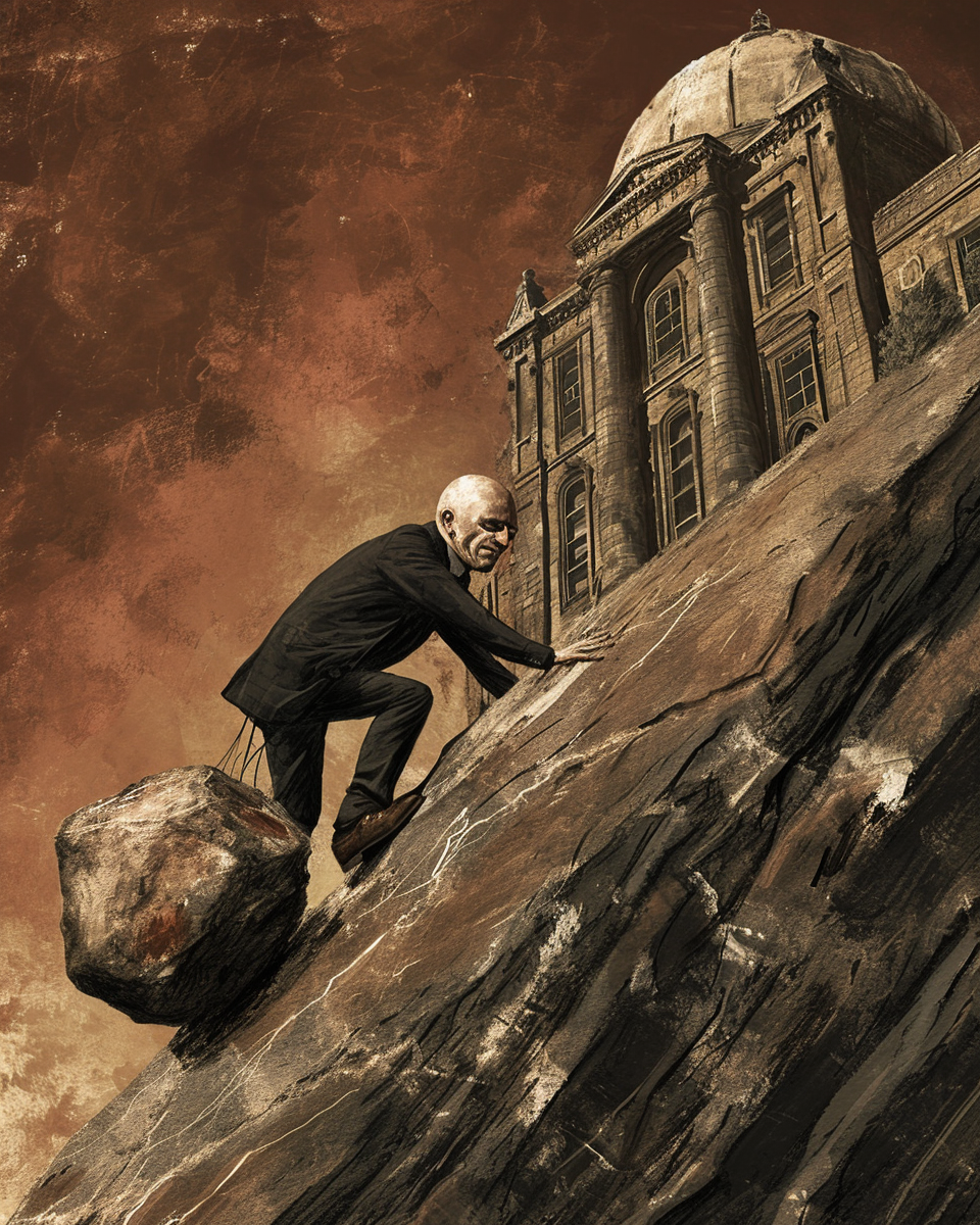 Bald professor pushing large rock uphill