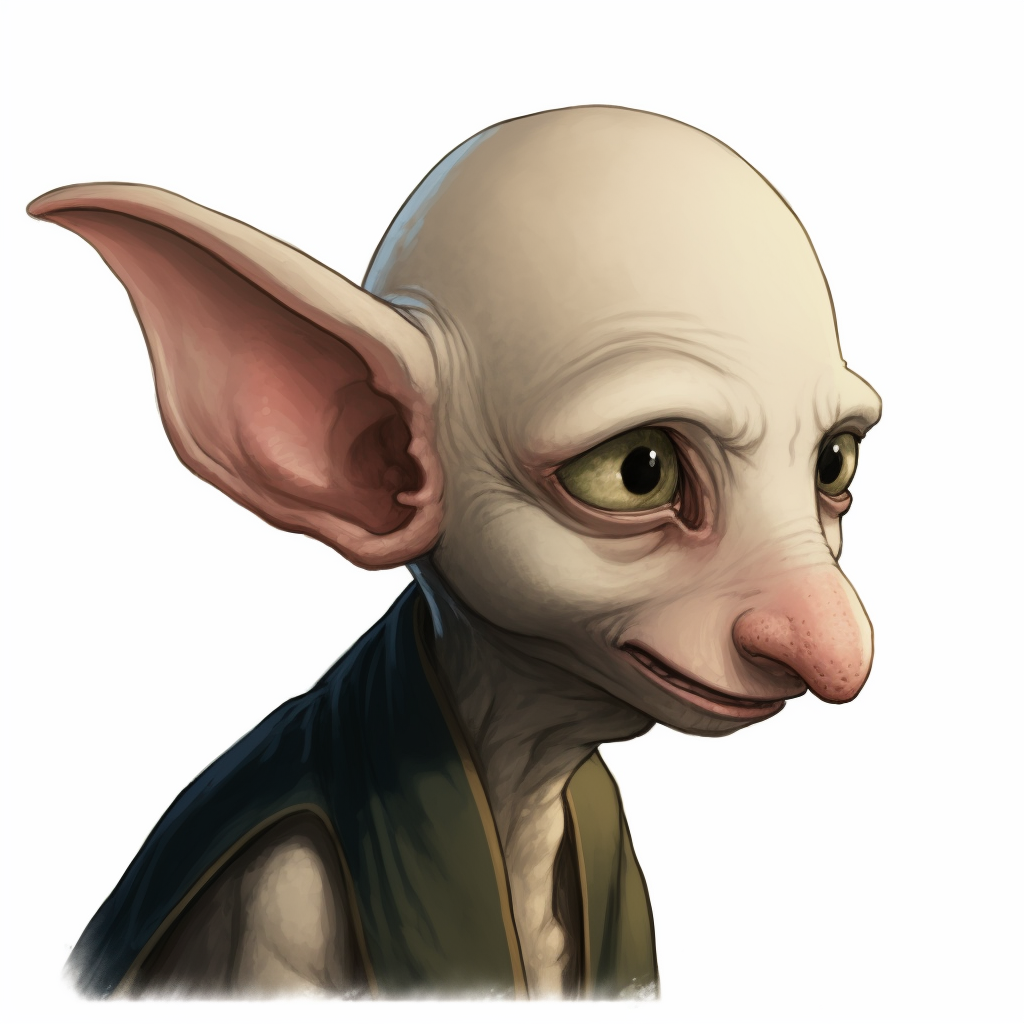 Bald elf-like creature with circular eyes and huge nose