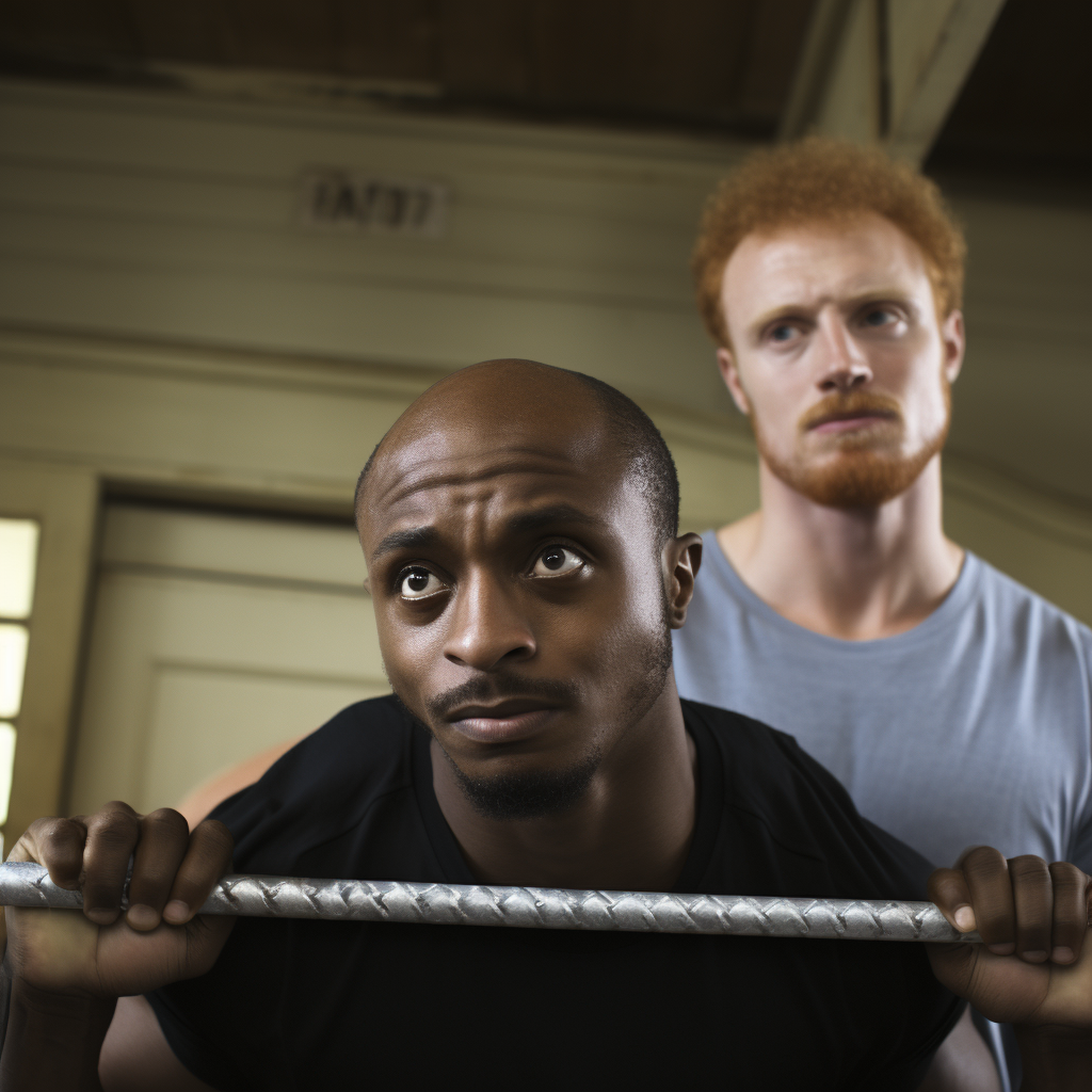 Focused ginger man observing intense black man's Olympic bar workout