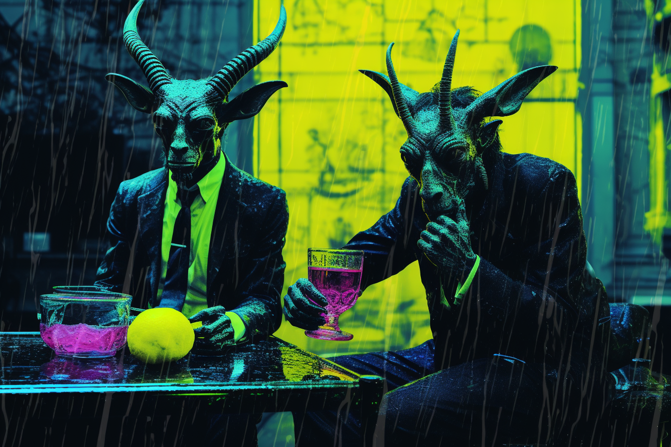 Baphomet and Nyarlathotep eating black sock on vibrant rainy background