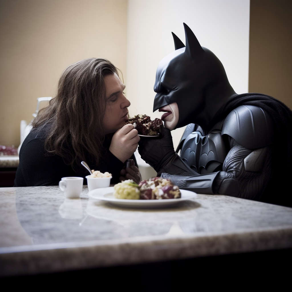 Batman enjoying a meal with Ozzy Osbourne